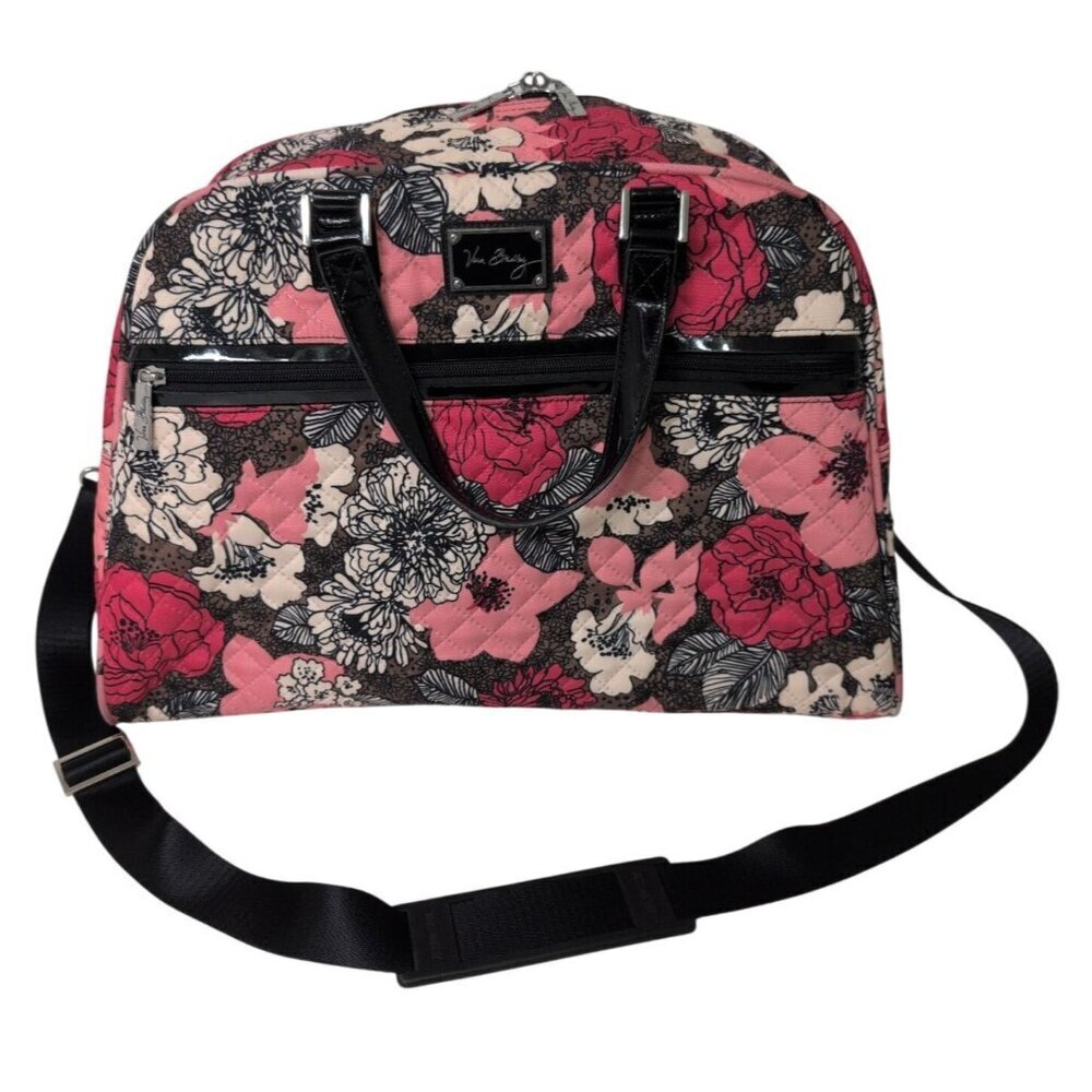Vera Bradley Floral Weekender Travel Bag Quilted Pink Black Top Handle Crossbody